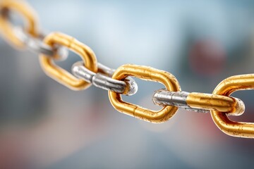 Fototapeta premium A close-up of a metallic chain featuring yellow and silver links, showcasing texture and detail.