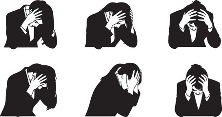 Black Solid Stressed Business Woman Silhouettes Set of Six on White Background