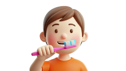 Cartoon boy brushing teeth with a pink toothbrush