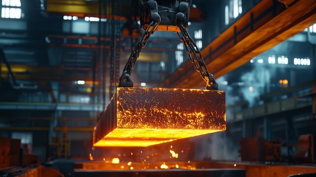 Heavy metal block being lifted in an industrial foundry during the day - Powered by Adobe