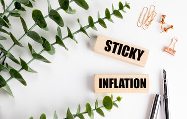 Sticky inflation concept on wooden blocks with green leaves, pens and office stationery on white background