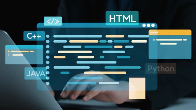 A focused scene captures hands typing on a laptop, surrounded by vibrant graphics of various programming languages, showcasing digital development and coding creativity. Qubit