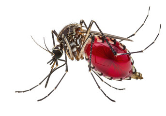 extreme close-up of an ultra-detailed female mosquito specimen on a sterile white background, its engorged, semi-translucent abdomen revealing vibrant deep red blood, clinical danger concept
