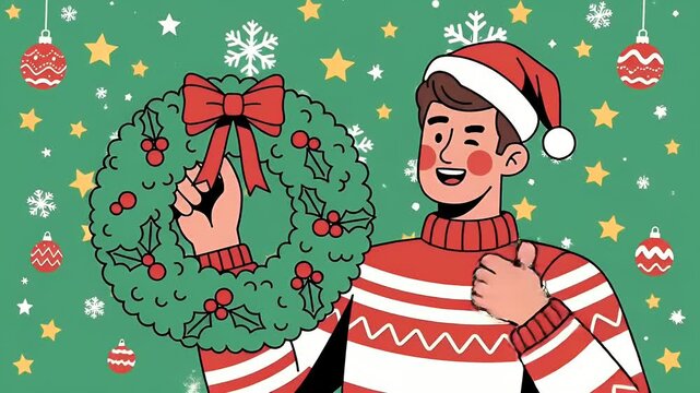 Animated Christmas Character Holding Wreath Waving Thumbs Up Icon