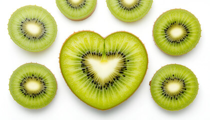 Fototapeta premium Fresh kiwi slices arranged in heart shape pattern