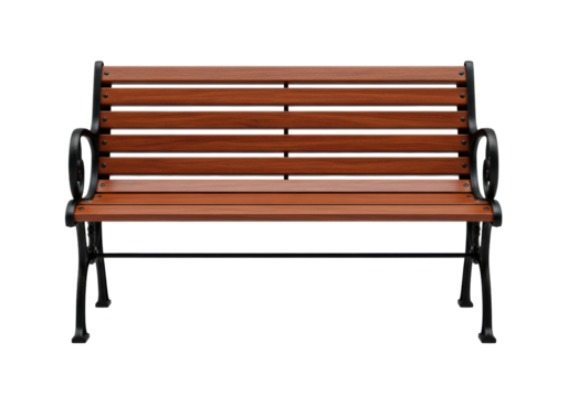 classic urban park bench with rich brown mahogany wooden slats and an ornate black cast iron frame, isolated on a seamless transparent studio background, concept of quality design permanence - Powered by Adobe