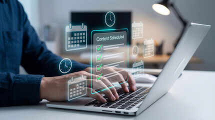 Person using laptop with credit checker and financial icons overlay for online banking and budgeting