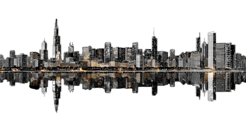 Gleaming city skyline reflected in dark, still water at night