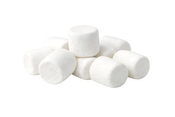 A collection of several white cylindrical marshmallows piled together in a group on a transparent background and plain white background