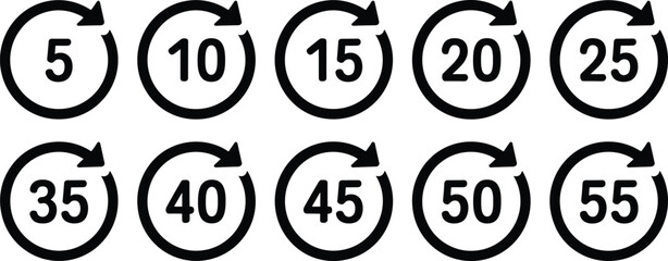 Black circular arrows with numbers from 5 to 55