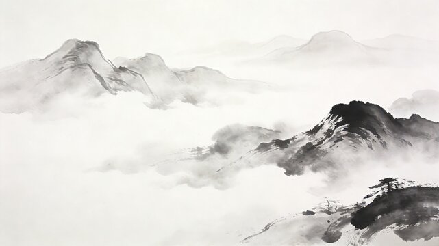 Ink Wash Painting of Misty Mountains