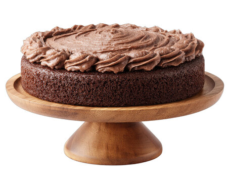 Rich chocolate cake, frosted with decadent swirls, presented on a wooden stand