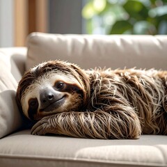 Fototapeta premium A relaxed, smiling sloth is resting on a beige sofa, its fur a mix of brown and tan. The background is slightly blurred