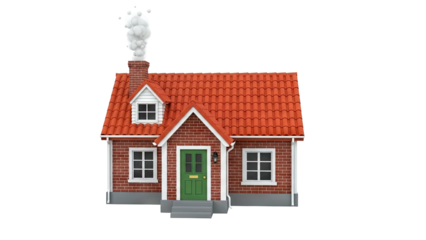 Cartoon House with Red Tiled Roof and Smoke from Chimney