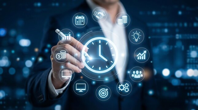 A businessman interacts with futuristic productivity icons and a clock, symbolizing efficient time management and goal achievement in a modern corporate setting.