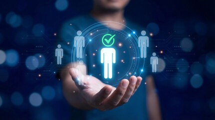 Businessman presenting a verified team concept with glowing blue icons, symbolizing leadership, innovation, and collaboration in a modern digital environment.