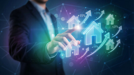 Businessman engaging with futuristic housing market growth concept, representing investment and success