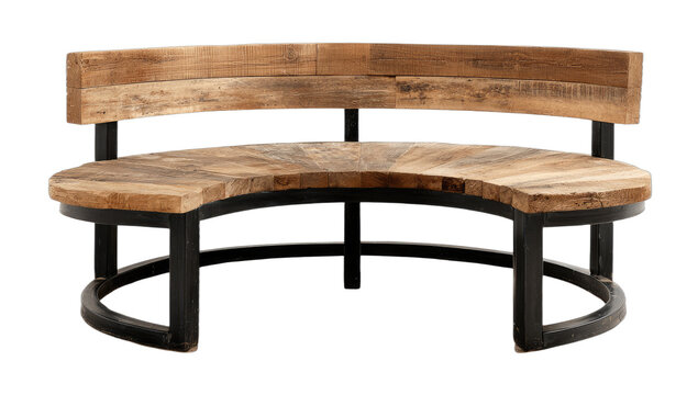 Curved wooden bench with industrial metal frame, seating for multiple