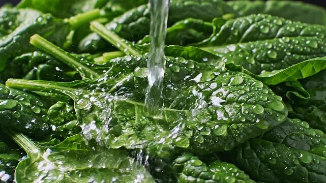Closeup of fresh mint leaves under running water and droplets for cleaning and freshness.