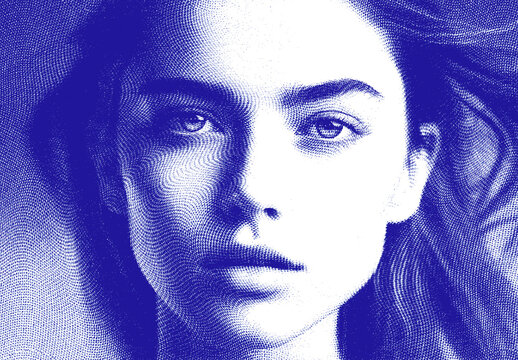 Blue And White Halftone Engraving Photo Effect