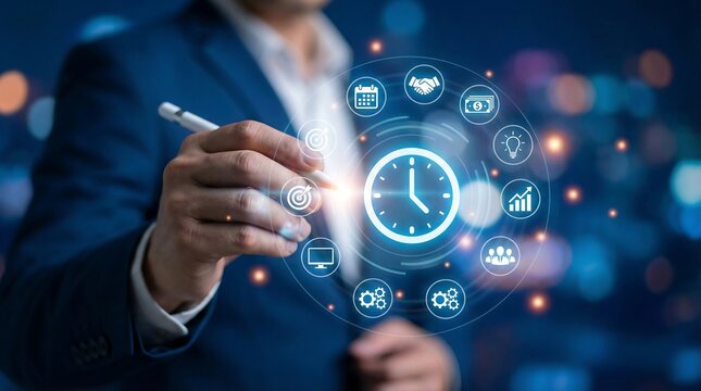 A businessman engages with a futuristic interface of productivity icons and a clock, symbolizing efficient time management and strategic planning in a modern business setting. - Powered by Adobe