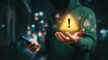 A person holds a warning sign on their phone with caution symbols around, representing online security threats and cyber risks.