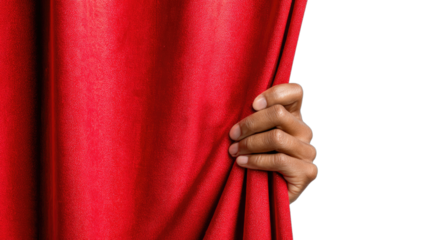 Hand pulling open a rich red theater curtain, revealing darkness