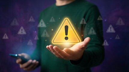 A man holds a glowing warning sign on his palm, symbolizing online safety and security risks, with a smartphone in hand, set against a futuristic purple background.