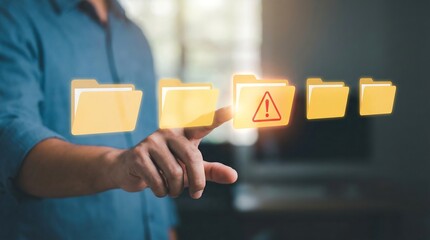A man interacts with digital file folders, one displaying a warning symbol, representing cybersecurity and data protection in a modern digital environment.