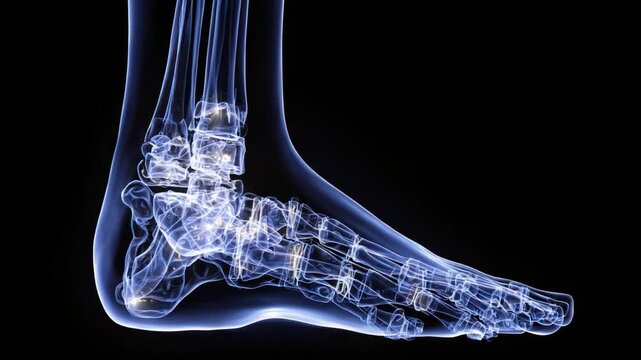 Anatomical Foot: A detailed X-ray view showcases the complex skeletal structure of a foot against a dark backdrop, highlighting the intricate arrangement of bones and joints.