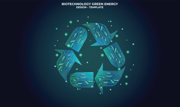 Futuristic green recycling symbol made of digital particles on a dark green background. Concept of green technology, electronic waste, sustainable electronics, and environmental conservation. ecology
