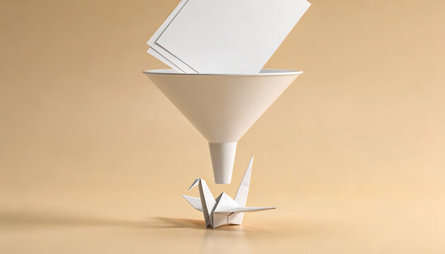 minimalist cgi render of paper documents entering funnel and transforming into origami crane concept data filtering workflow process automation and creative transformation