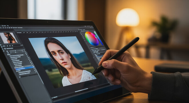 Close-up of a person using a stylus pen to digitally edit a portrait photo of a woman on a tablet screen, showing graphic design and creative retouching process