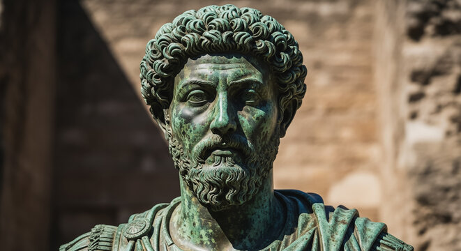 Close-up of an ancient weathered bronze bust statue of a Roman Emperor (possibly Marcus Aurelius) with green patina, historical art, classic sculpture