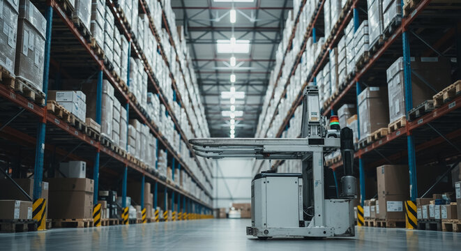 AGV or Automated Mobile Robot operating in a large modern warehouse aisle with tall racks full of stock, symbolizing efficient automated logistics and supply chain management.