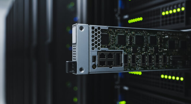 Server component pulled out of rack, showing circuit board and network ports in a dark data center, IT maintenance and infrastructure concept - Powered by Adobe