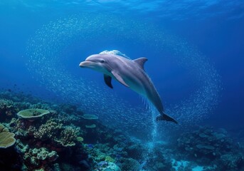 A playful dolphin swims gracefully through the clear blue ocean, surrounded by a school of shimmering fish and vibrant coral reefs in its natural habitat