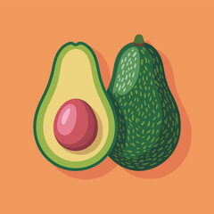 Stylized Vector of Avocado Halves: Bold Cutaway with Seed, Light Green Flesh, and Textured Skin on Vibrant Orange Background.
