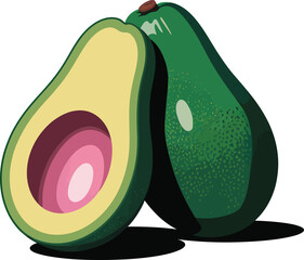 Stylized Vector of Avocado Halves: Vibrant Cutaway with Pink-Yellow Seed, Textured Skin, and Artistic Botanical Composition.