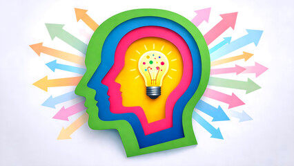"A lightbulb illustration with stacked human head silhouettes and arrows, representing creativity and inspiration."