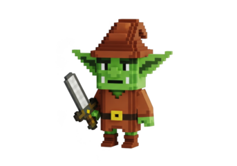 Pixel art illustration of a green goblin character holding a sword and wearing a brown hat and cloak, fantasy creature concept art for games or animation isolated on transparent background