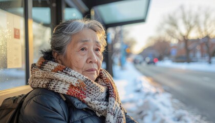 Elderly woman patiently waits at a snowy bus stop, reflecting a moment of quiet contemplation during winter travel
