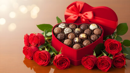 Romantic heart shaped box of assorted chocolates with red roses
