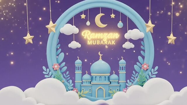 Eid islamic cute ramzan mubarak mosque illustration with crescent moon clouds and stars animation on purple background for greeting branding and marketing use