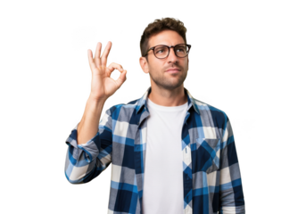 Man in casual attire showing ok gesture with hand and wearing glasses, expressing approval or agreement, confident and relaxed, perfect for various design uses isolated on transparent background