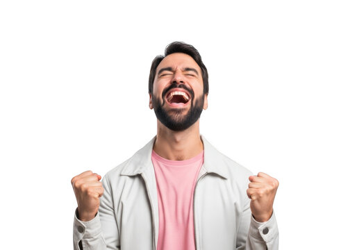 Excited bearded man celebrating success with fists raised in joy and triumph isolated on transparent background