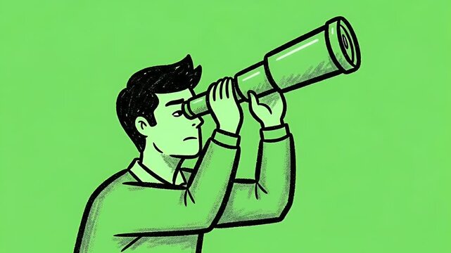 Animated Man Looking Through Telescope on Bright Green Background