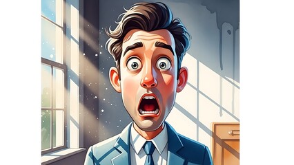 Shocked Businessman Cartoon Illustration. Man in Suit Screaming with Wide Open Eyes and Mouth, Expressing Extreme Fear, Panic, Alarm, or Surprise in Office Setting. Stress, crisis, and bad news concep