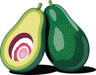Stylized Vector of Abstract Avocado: Creative Cutaway with Colorful Seed, Textured Skin, and Artistic Botanical Expression.