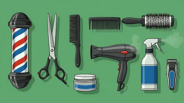 Barber Shop Tools Collection Red Blue White Pole Hair Dryer Scissors Comb Spray